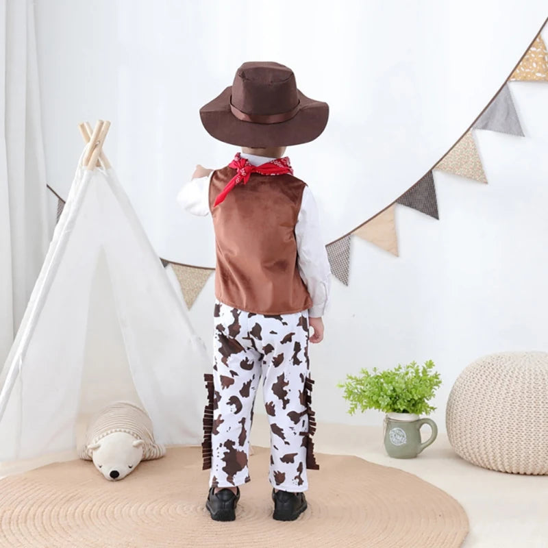 Kids Western Cowboy Costume Set Children Vest+Trousers Pants+Scarf+Hat 4pcs Toddler Outfits Suit Baby Boys Girls Role Play Sets