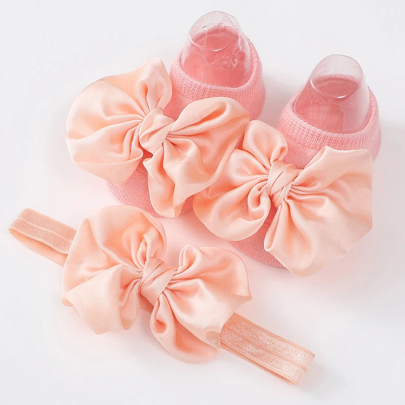 2Pcs Baby Bow Headband Socks Set Toddler Girls Solid Color Bowknot Elastic Hairband Turban Soft Anti-Slip Socks Kids Accessories