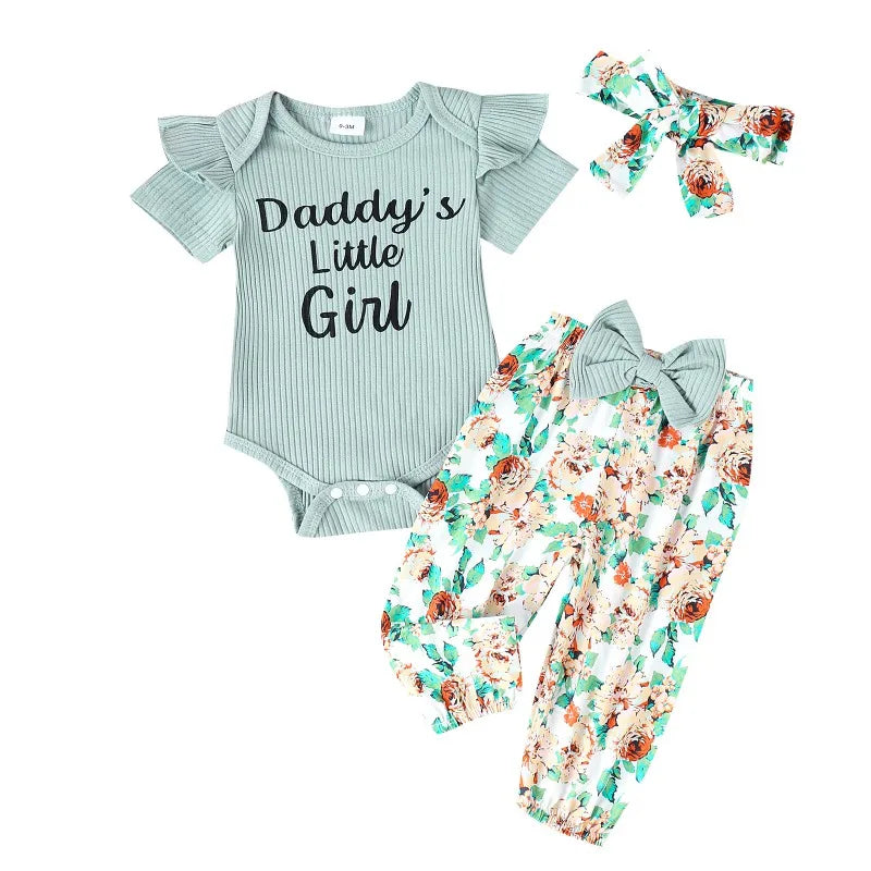 Baby Girls Clothes Set Bottoms Outfit Short Sleeve Ruffled Ribbed Romper Bodysuit Top+ Pants Summer
